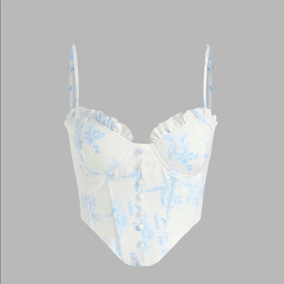 Floral ruffle corset tank top white with light blue detailing - Picture 2 of 4